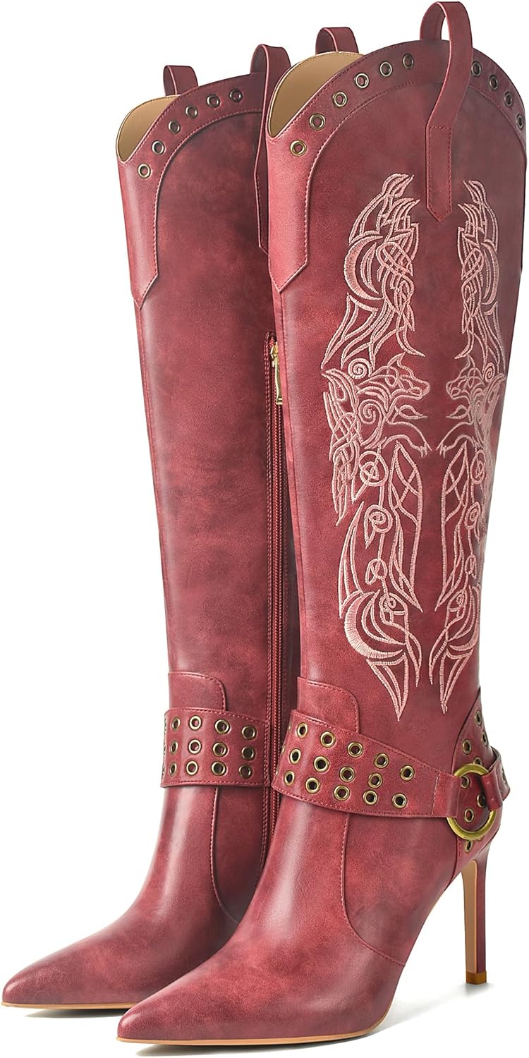 JANSEVEN Western Boots for Women Knee High Cowboy Boots with Embroidered Cowgirl Boot Stiletto High Heel Boot Pointed Toe Side Zipper 3.5 Inches Fashion Boots