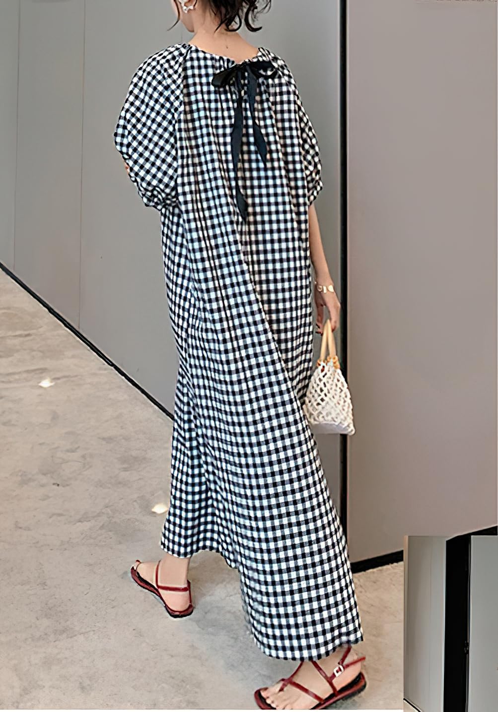chouyatou Women's Casual Gingham Loose-Fit Swing Dress Cotton Lantern Puff Sleeve Plaid Midi Long Dress - Image 3