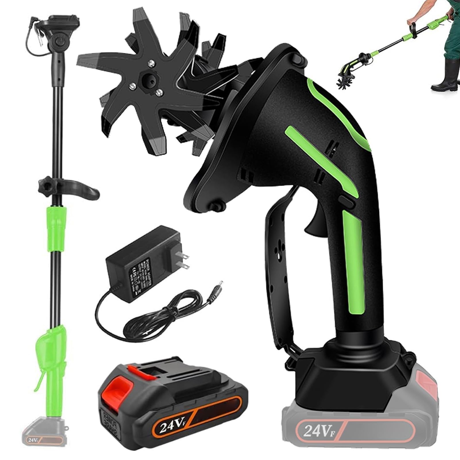 2-in-1 Cordless Tiller & Cultivator with Extension Pole, Battery Powered Handheld Garden Tiller, Rechargeable Tiller Cultivator with Battery & Charger for Lawn, Vegetable Garden, Greenhouse (Set B)