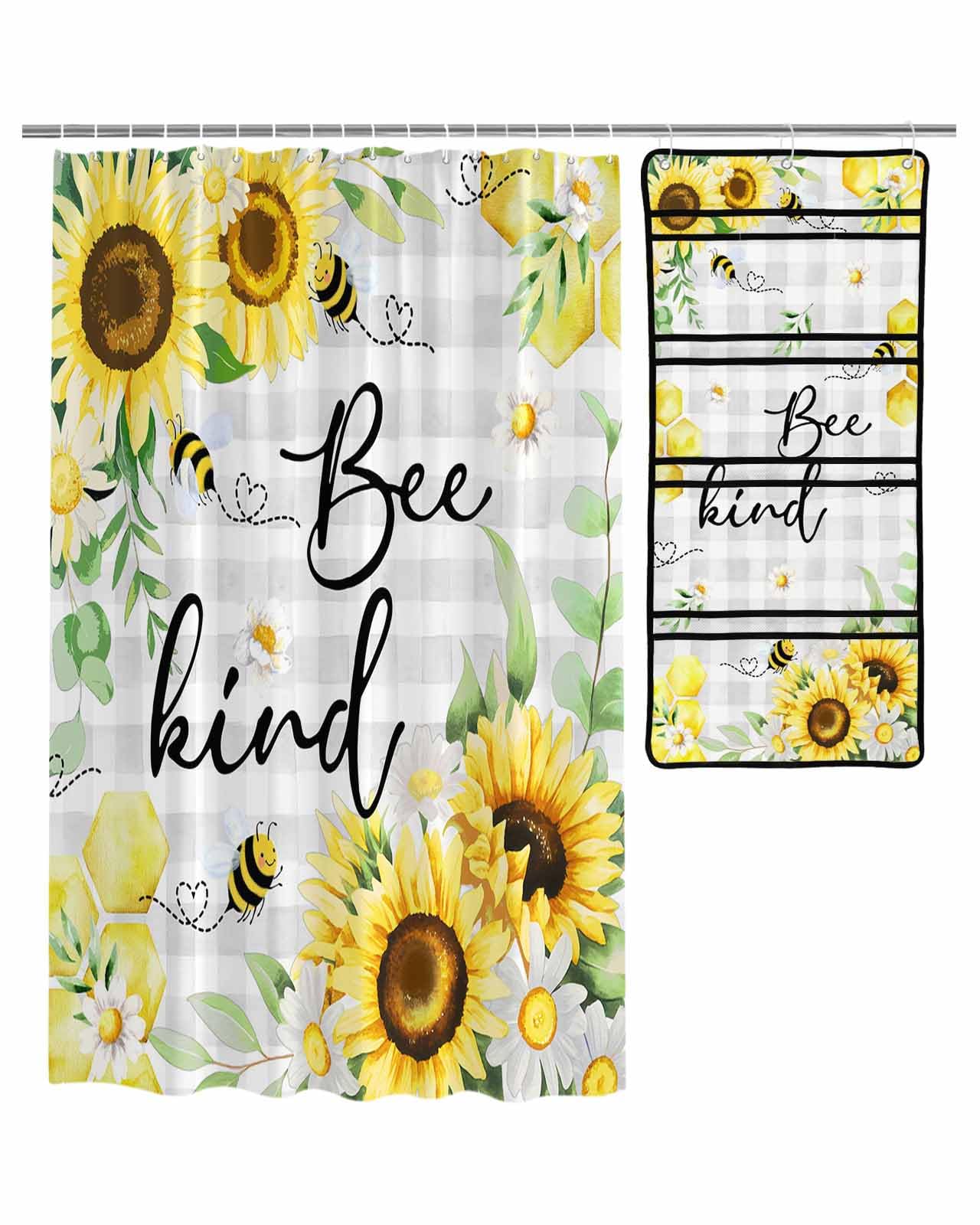 Decorative Shower Curtain Sets Bee Sunflowers Fabric Shower Curtains Summer Watercolor Eucalyptus Leaves Grey White Check Mesh Shower
