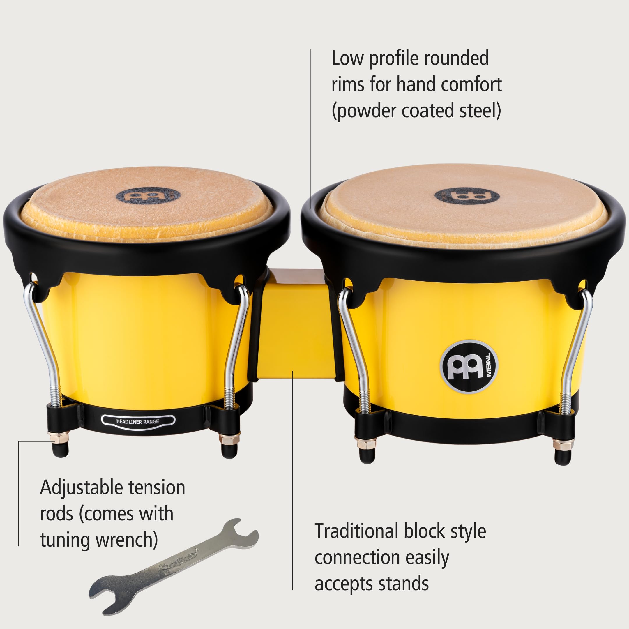 Meinl Percussion Bongos Journey Series - 2 Tamburi a Mano da 6.5 e 7.5 Pollici - Chiave Accordatura Inclusa - Plastica ABS, Yellow (HB50IY)