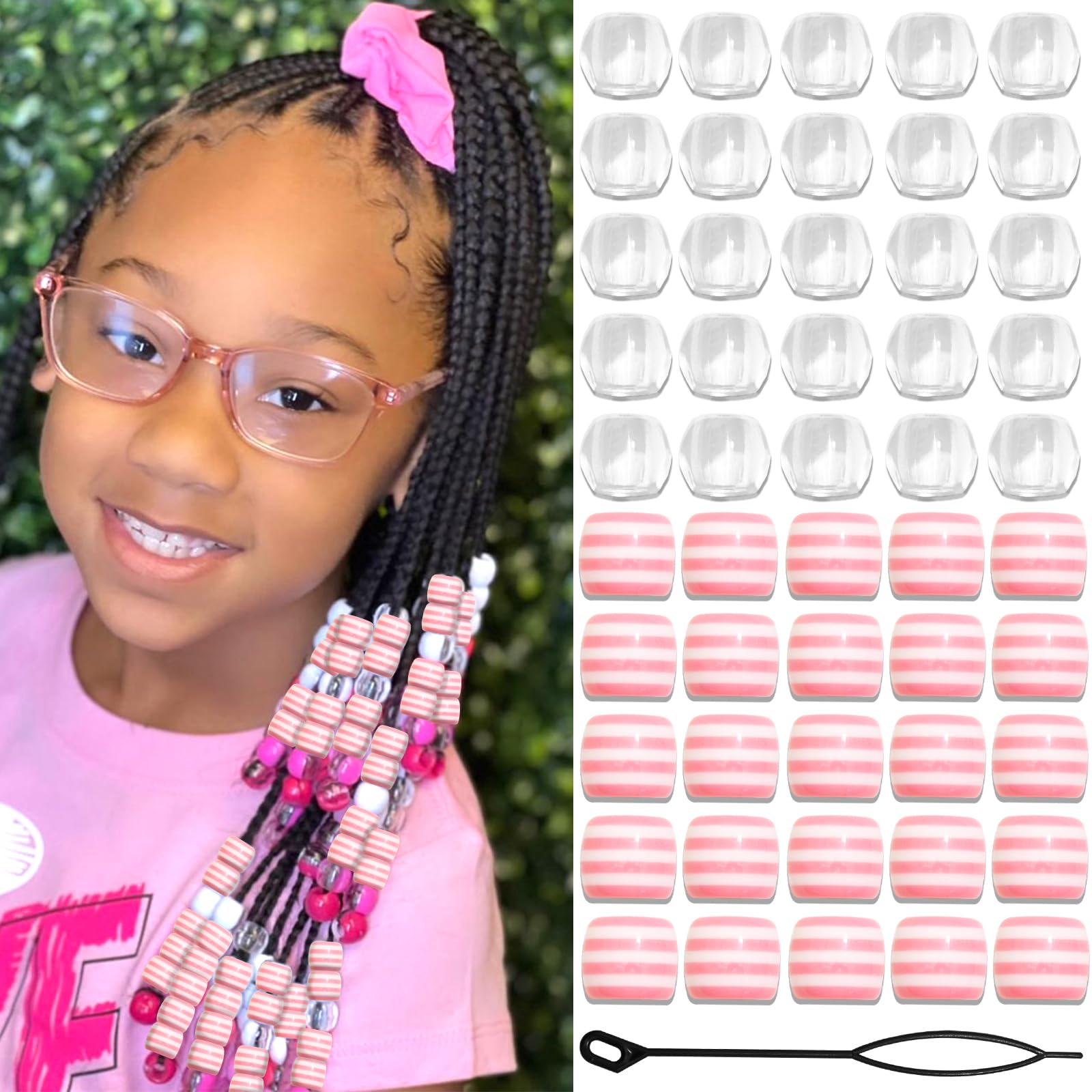 VENOFEN 50PCS Pink Stripe Hair Beads Clear Pony Beads for Hair Dreadlock Cute Large Acrylic Braids Accessories Hair Decoration for Women and Girls