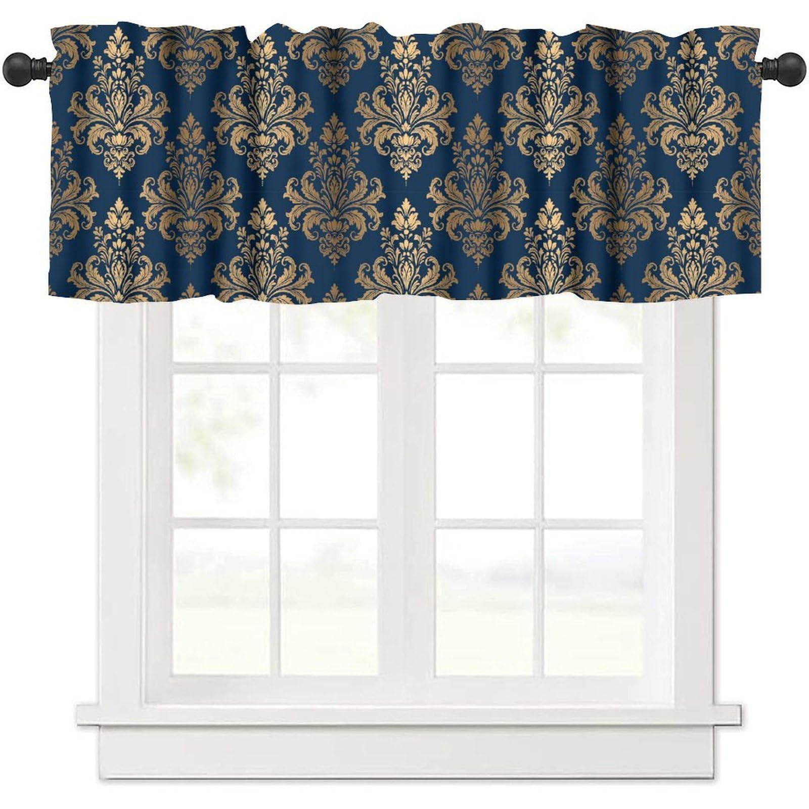 moderw Royal Blue Damask Window Curtains Valance, Classic Luxury Gold Damask Window Treatments Victorian Baroque Valance Curtain for Farmhouse Living Room Kitchen 54x18inch