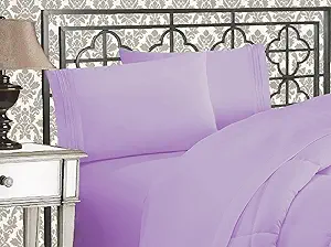 Elegant Comfort Luxurious 1500 Premium Hotel Quality Microfiber Three Line Embroidered Softest 5-Piece Bed Sheet Set, Wrinkle and Fade Resistant, Split King, Lilac