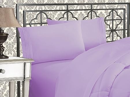 Elegant Comfort Luxurious 1500 Premium Hotel Quality Microfiber Three Line Embroidered Softest 5-Piece Bed Sheet Set, Wrinkle and Fade Resistant, Split King, Lilac