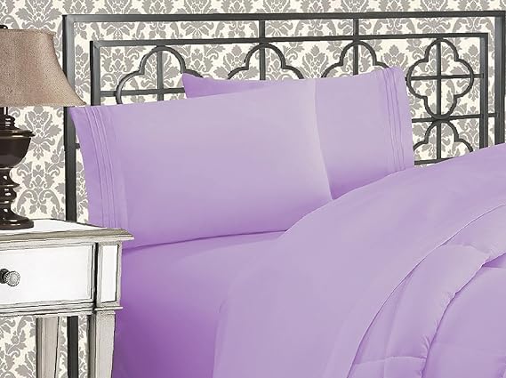 Elegant Comfort Luxurious 1500 Premium Hotel Quality Microfiber Three Line Embroidered Softest 5-Piece Bed Sheet Set, Wrinkle and Fade Resistant, Split King, Lilac