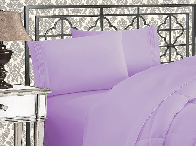 Elegant Comfort Luxurious 1500 Premium Hotel Quality Microfiber Three Line Embroidered Softest 5-Piece Bed Sheet Set, Wrinkle and Fade Resistant, Split King, Lilac
