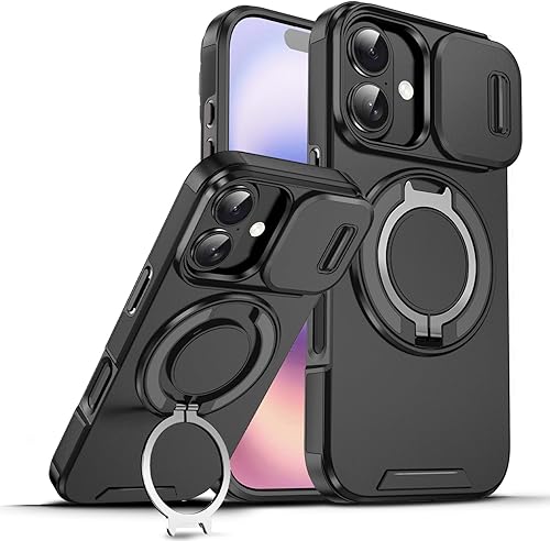 Dteck Funda para iPhone 17 (6.3 pulgadas, versión 2025) a prueba de golpes con cubierta deslizante para cámara, soporte de anillo giratorio,