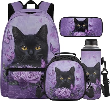 Cat Backpack Set Backpack for School Girls 4th Grade with Lunch Box Large Capacity Schoolbag with Lunch Box Pencil case for Elementary Middle High School Students