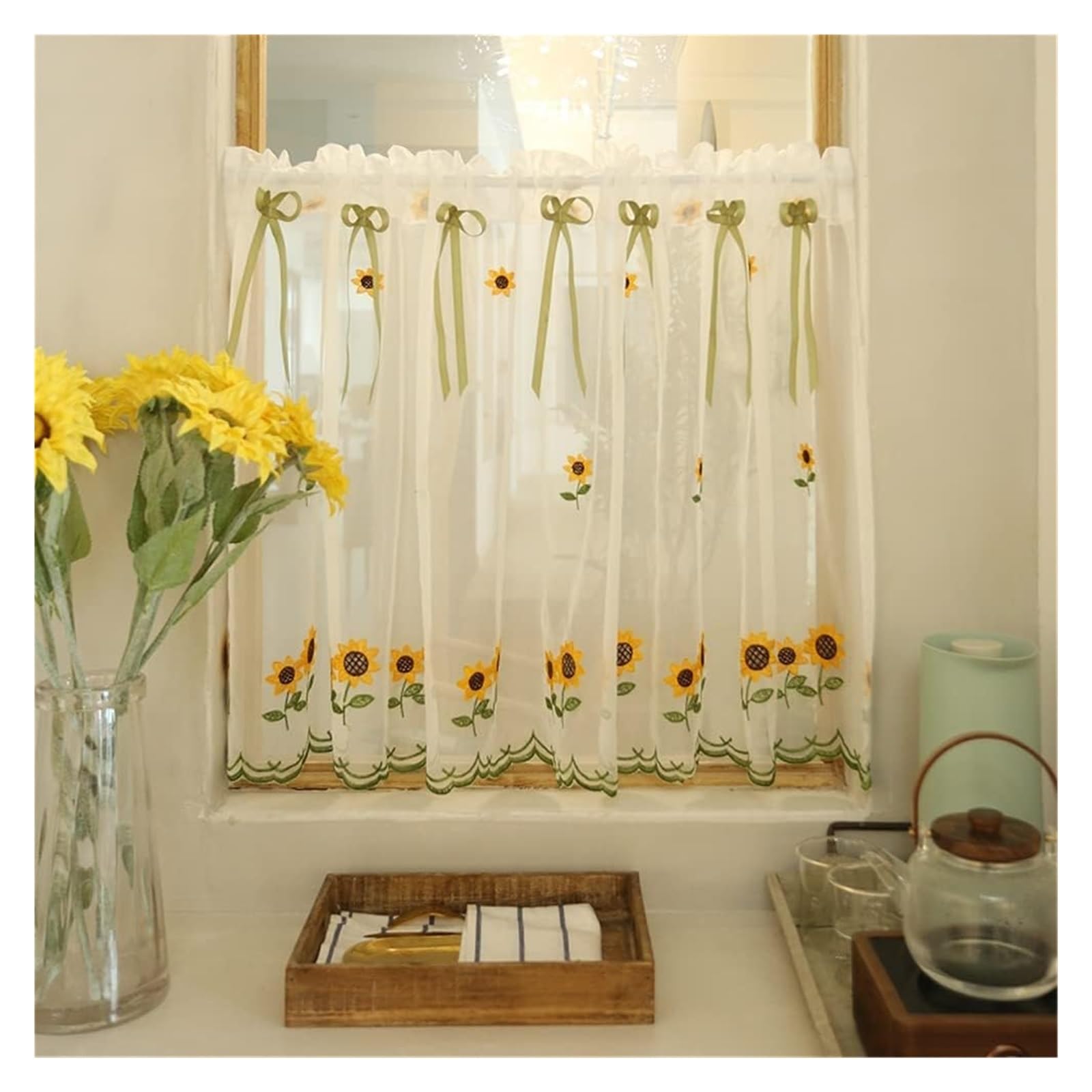 Rideaux en Voile, Rideau de Cuisine brodé à Fleurs, Rideau Court en Voile Transparent(W x H 100 x 130cm)