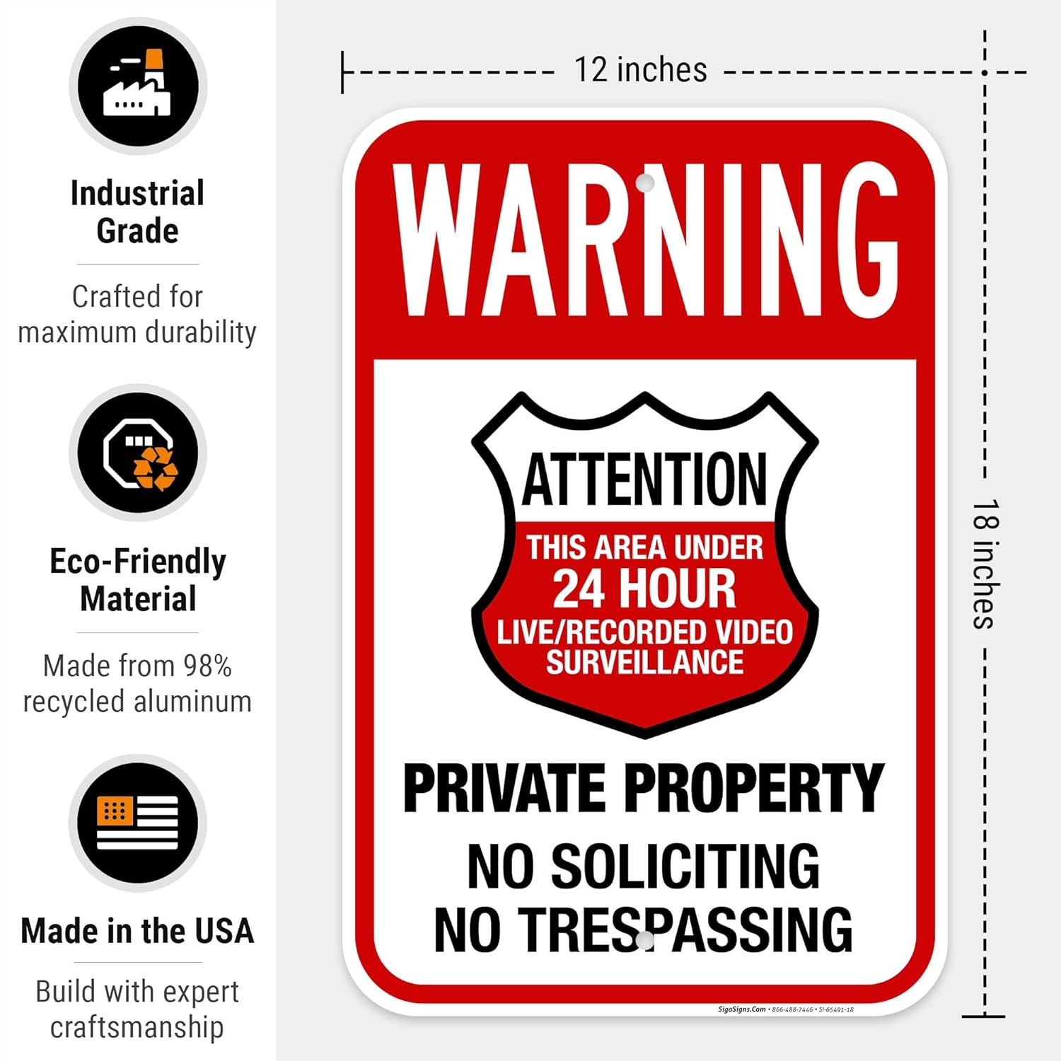 Warning Private Property No Soliciting No Trespassing Attention This Area Sign, 12x18 Inches, Rust Free .063 Aluminum, Fade Resistant, Made in USA