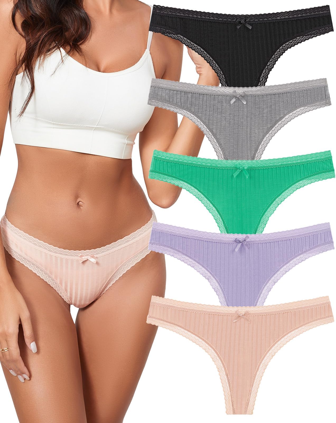 Super Soft Women's Thongs Lace Underwear Breathable Viscose Panties Sexy No Show Undies 5 Pack
