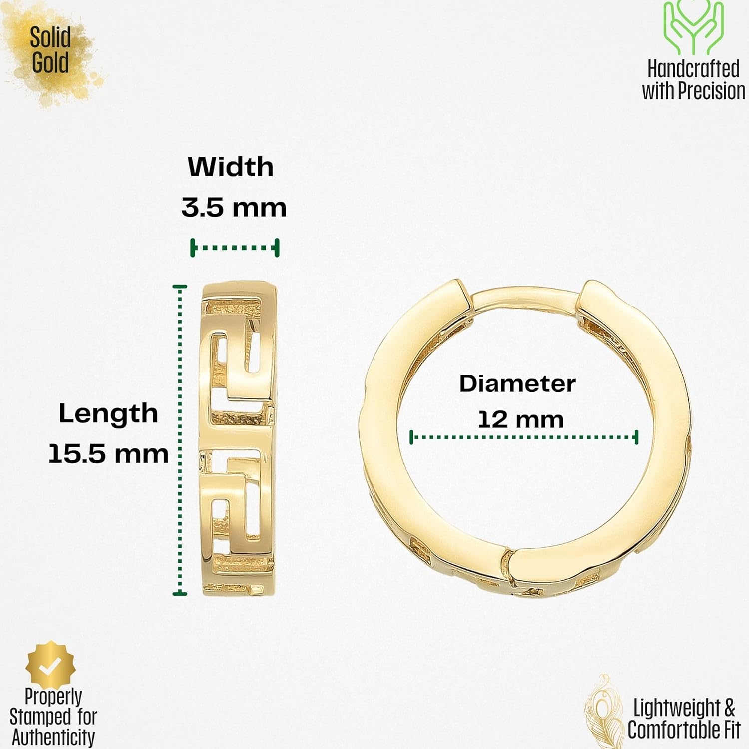 14K Solid Gold Earrings for Women, Real Gold Greek Key Meander Hoop Huggie Hypoallergenic Earrings