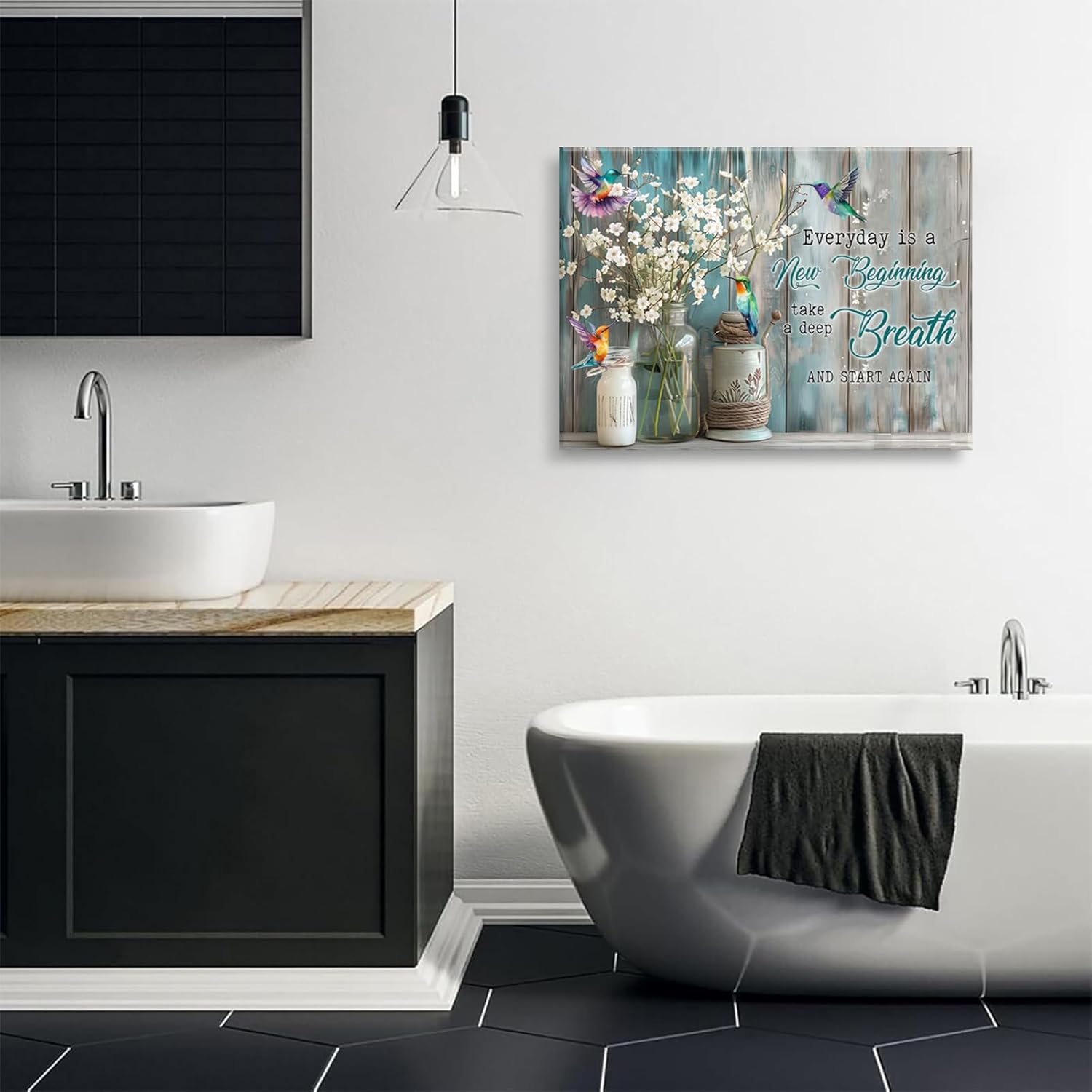 Rustic Bathroom Floral Canvas Wall Art Farmhouse Floral Wall Decor Inspirational Quote Poster Print Hummingbird Flower Painting Picture for Bathroom Living Room Bedroom (16x24in canvas)
