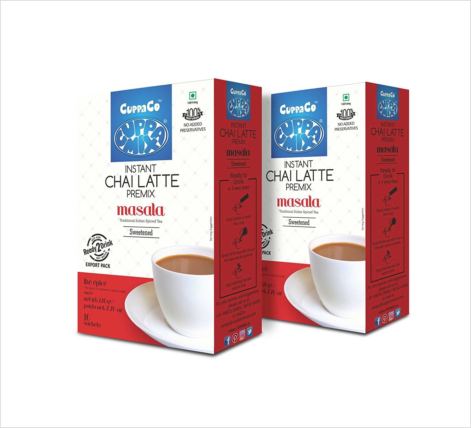 Instant Masala Chai Latte by CuppaMix | Premium, Natural, Low Calories Chai Tea Mix | (Pack of 2) (Sweetened)