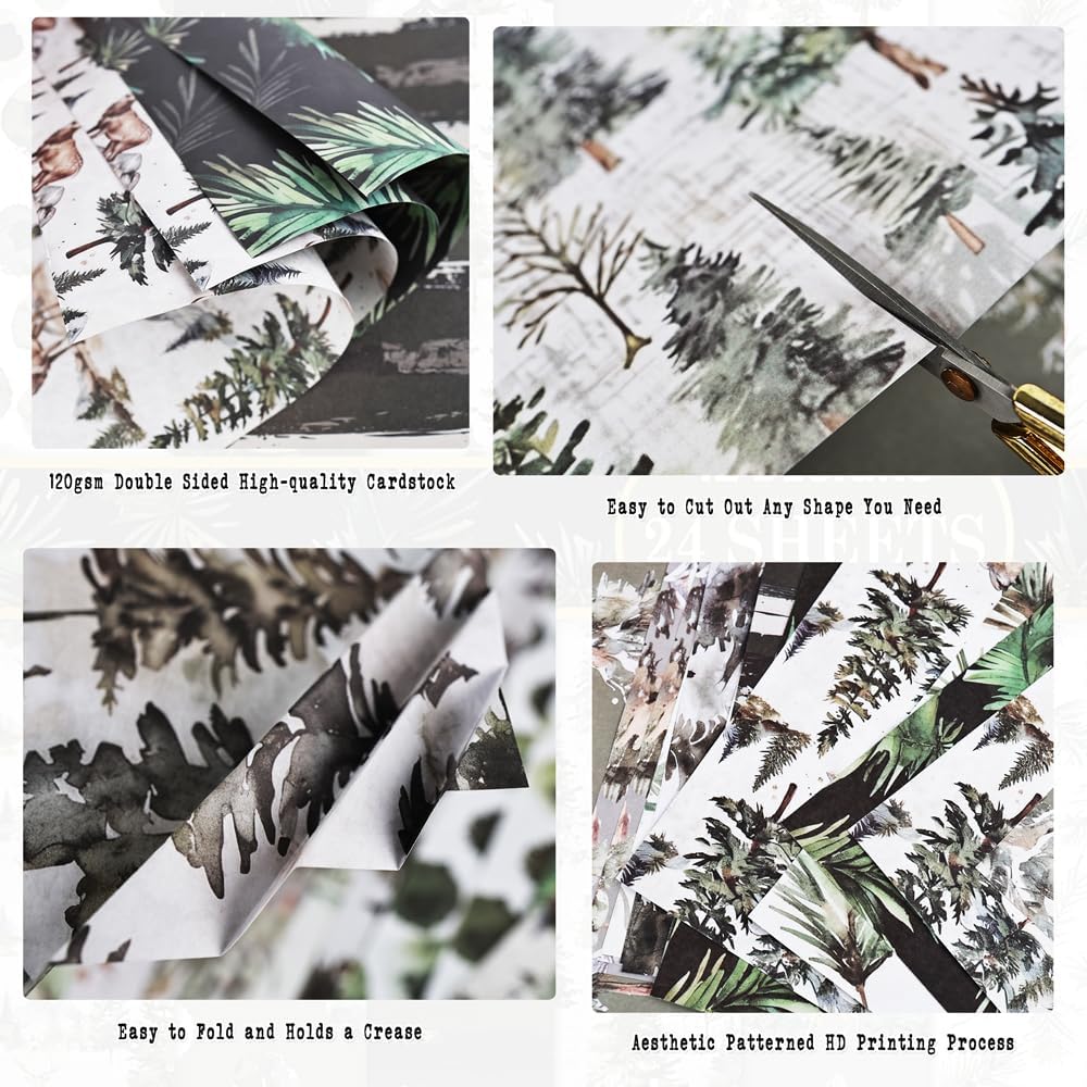 12x12 Scrapbook Paper Pad - 24 Sheets Double-Sided Forest Woodland Paper - Pine Tree & Mountain Patterns for Nature Journals, Camping Albums & Men's Crafts