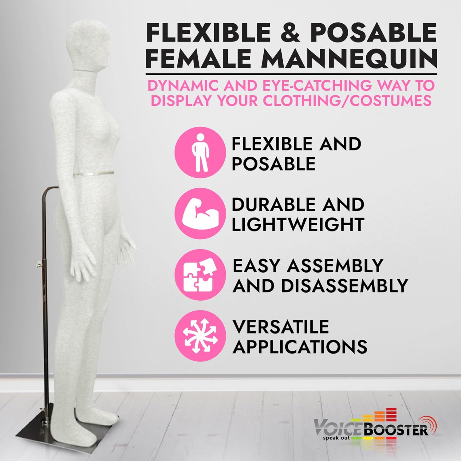 Full Body Female Mannequin by Voicebooster Speak Out - Flexible, Bendable, Poseable Standing Model with Adjustable Arms - Soft Foam Dress Form for Costumes, Clothing Display, Sewing - Beige