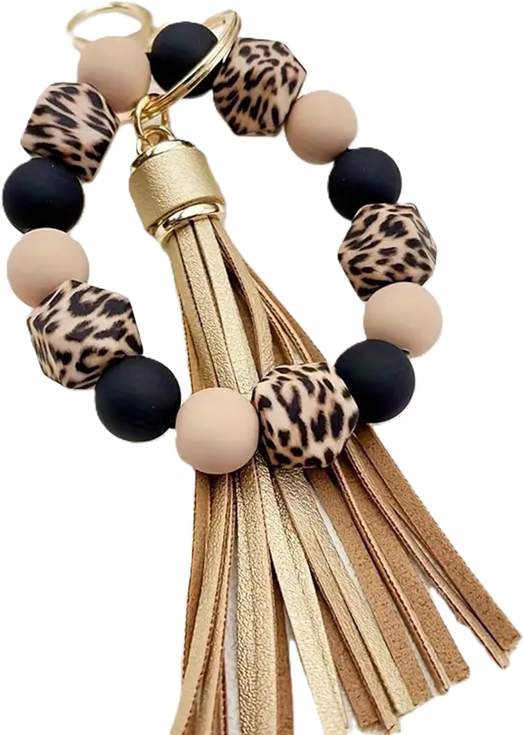 Silicone Beaded Keychain Bracelet Key Ring with Leather Tassel,Leopard Key Chain Holder Wristlet Bangle for Women