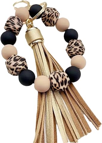 Silicone Beaded Keychain Bracelet Key Ring with Leather Tassel,Leopard Key Chain Holder Wristlet Bangle for Women