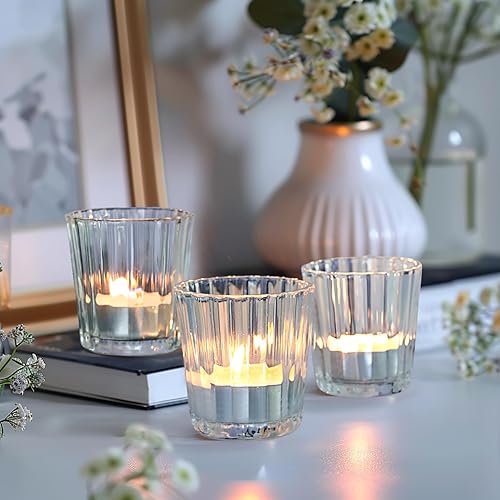 Miniatura 8 de ComSaf Portavelas votivas, 12 portavelas de cristal, portavelas acanalado para centros de mesa, portavelas transparente para bodas, decoración