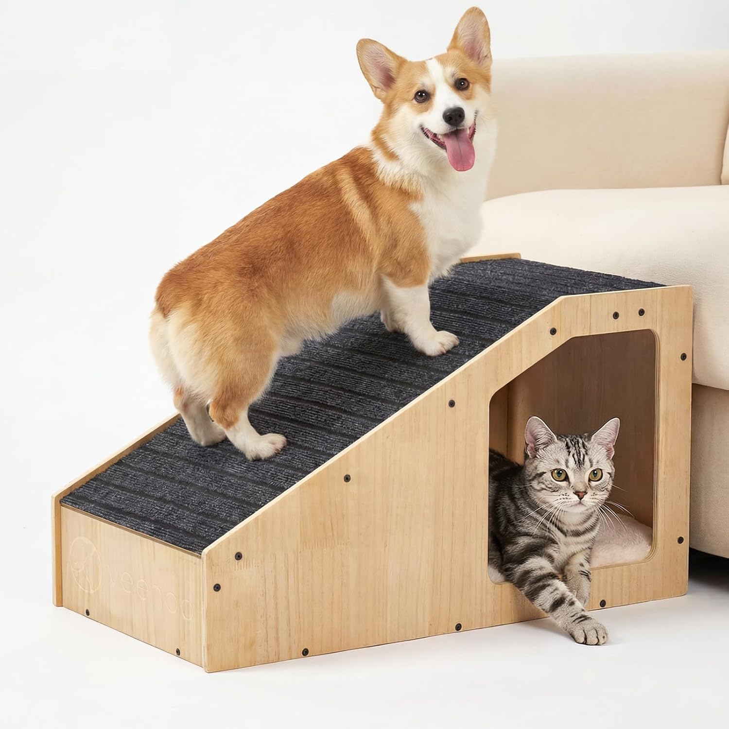 Veehoo Small Dog Ramp for Bed Couch, Pet Ramps for Dogs to Get on Bed Couch with Cat Cave Condo Non Slip Surface and Bottom Pad, 16" Wide Wooden Doggy Stairs Puppy Steps Small Ramp Ladder for Indoor