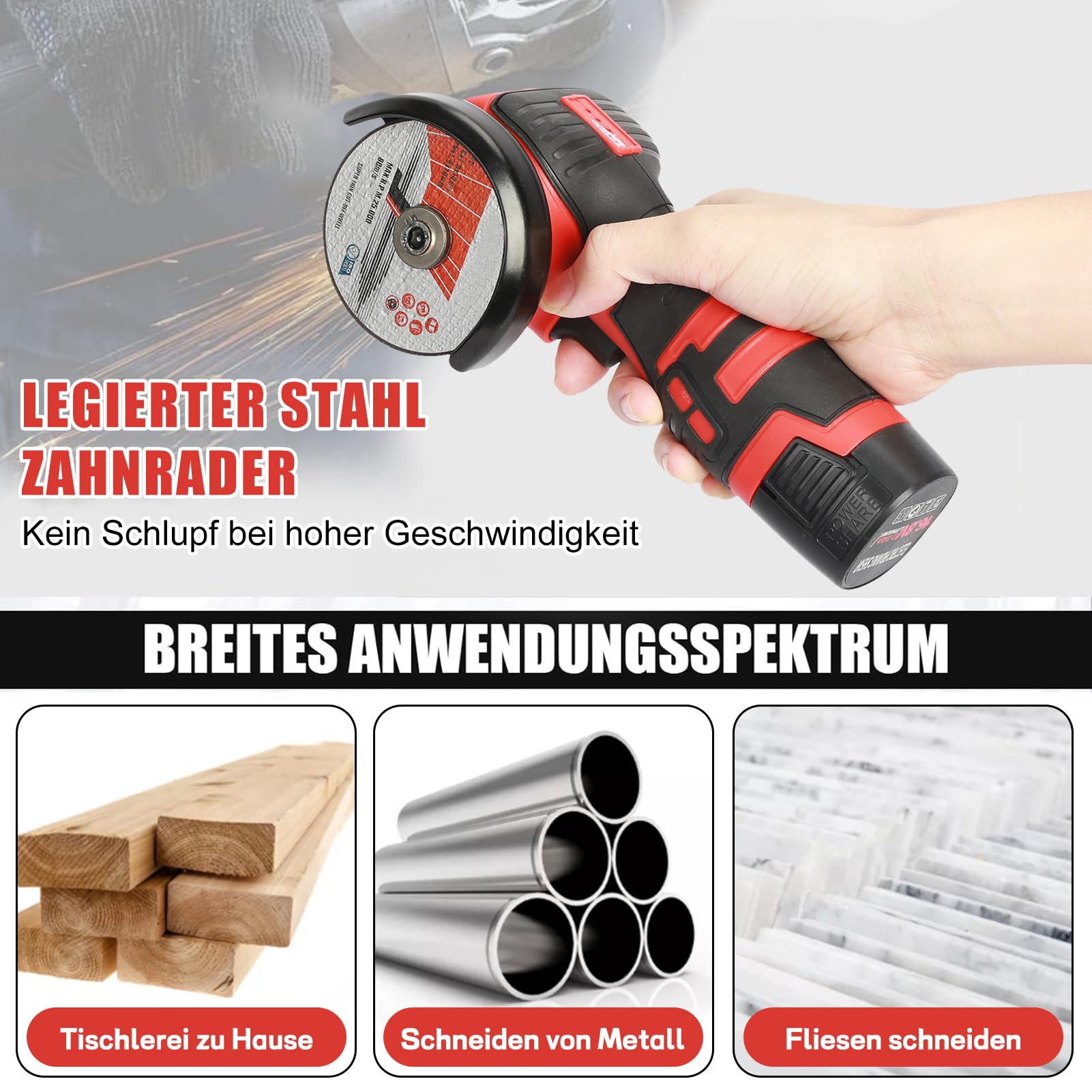 Akumulatorowa szlifierka kątowa 16,8 V – bezprzewodowa mini szlifierka akumulatorowa o mocy 550 W, grubość cięcia 10 mm, 2 x bateria 1,5 A, ładowarka, akcesoria do szlifierki i pudełko na narzędzia