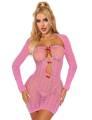 sunshinelady Fishnet Bodysuit Sexy Long Sleeve Halloween Lingerie Outfit Fishnet Dress Rave Outfits for Women XS-5XL - Pink - L-2XL