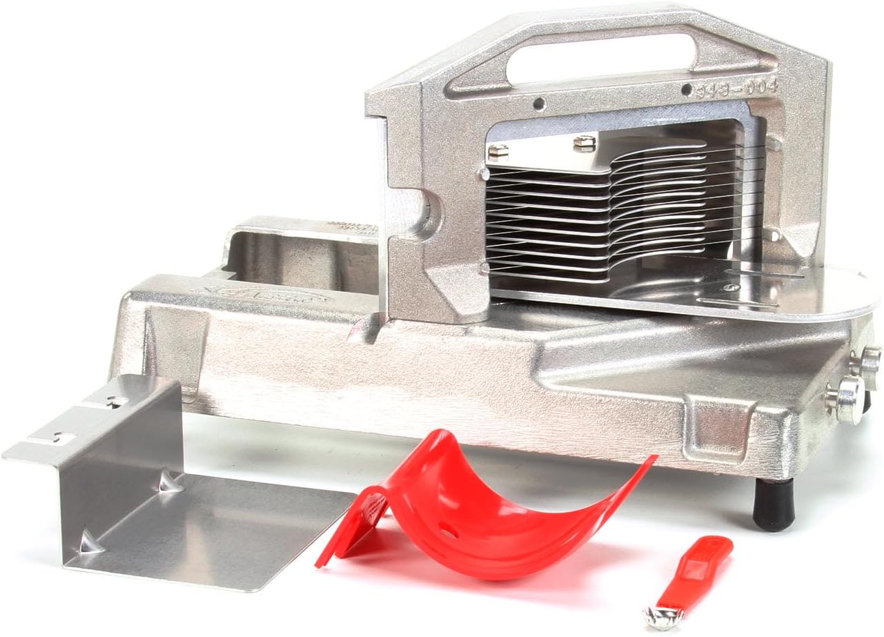 Prince Castle Tomato Saber 943-B main unit with red tomato holder and cleaning tool