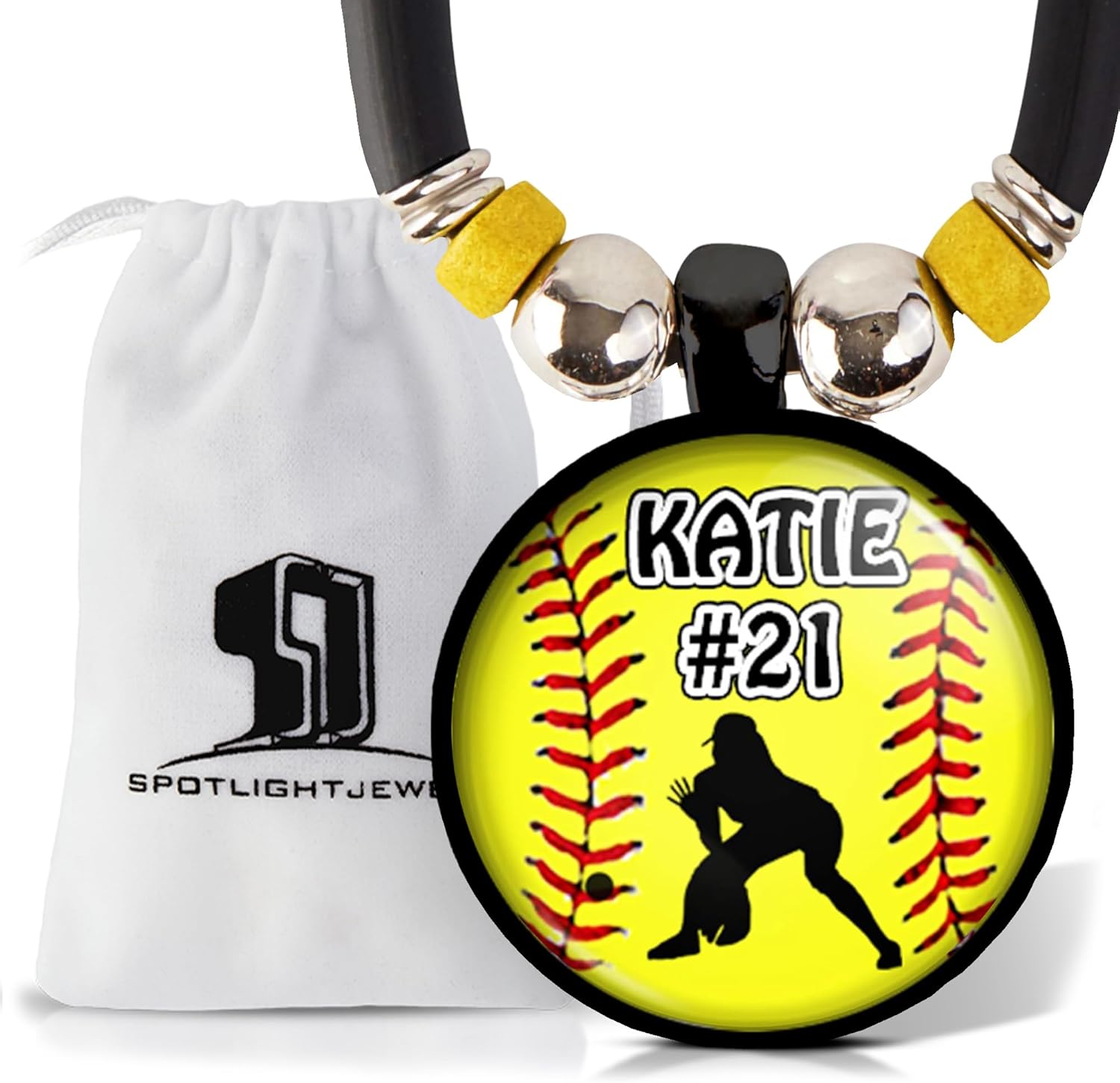 Personalized Girls Softball Pendant Necklace, Custom Softball Name and Number Charm, Softball Player Team Gift