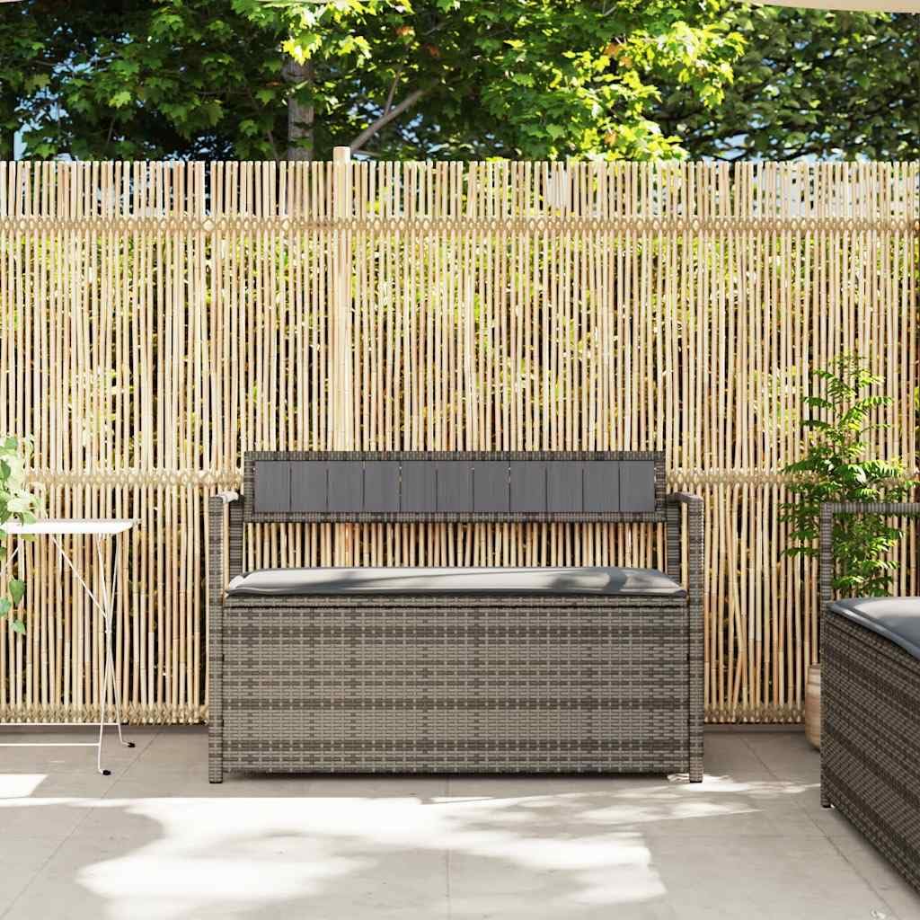 Banco de jardín de polirratán 111,5 × 54 × 74 cm gris con espacio de almacenamiento, banco esquinero con cojín extraíble, balcón terraza