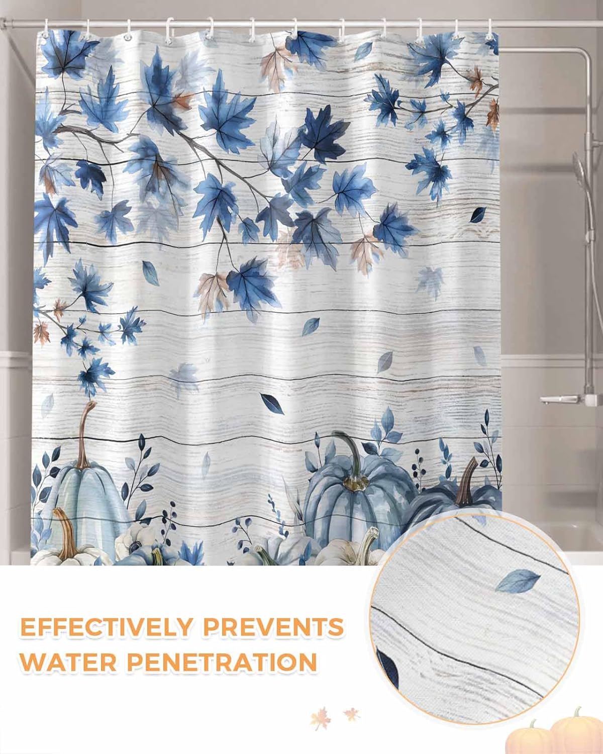 Navy Blue Pumpkin Fall Shower Curtain Set - Waterproof Standard Shower Curtain 72 x 72 Inch, Thanksgiving Blue Maple Leaves Gray Polyester Fabric Bathroom Curtains with 12 Hooks, Bathroom Accessories