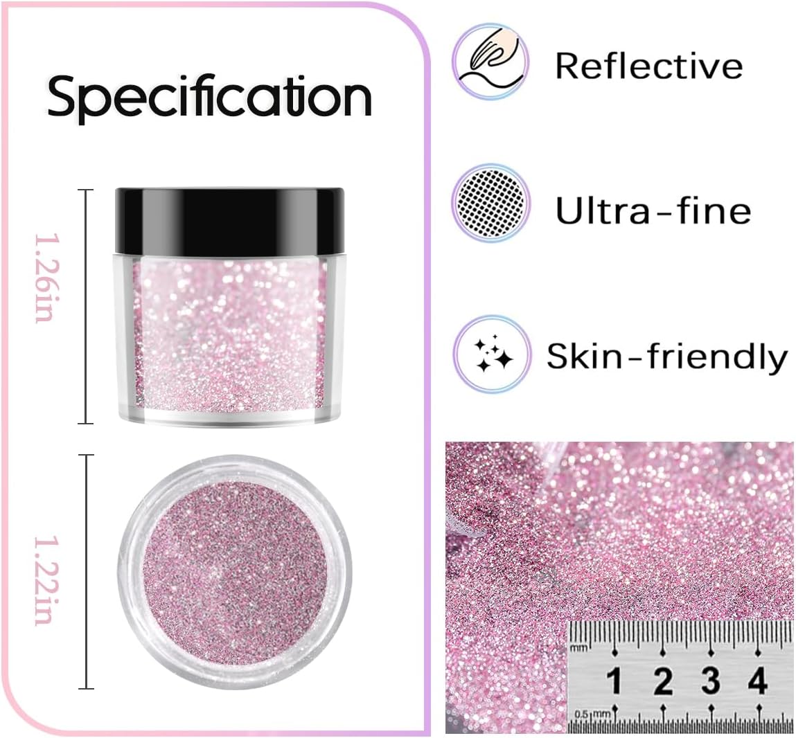 Reflective Glitter for Nails, 6 Colors Sparkle Nail Powder Diamond Dust Glitter Silver Pink Purple Blue Sugar Dip Powder Shimmer Nail Pigment Set with Brush Nail Salon Supplies