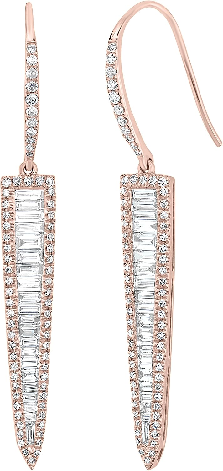 Women 14K Yellow Gold 1.25Ct Round and Baguette Diamond Dangle Earrings (GH Color, SI1 Clarity)