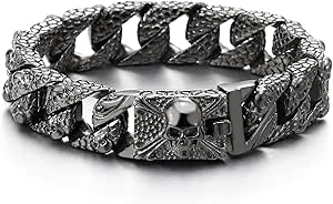COOLSTEELANDBEYOND Skull Snake Chain Bracelet - Stainless Steel Men's Pirate Style