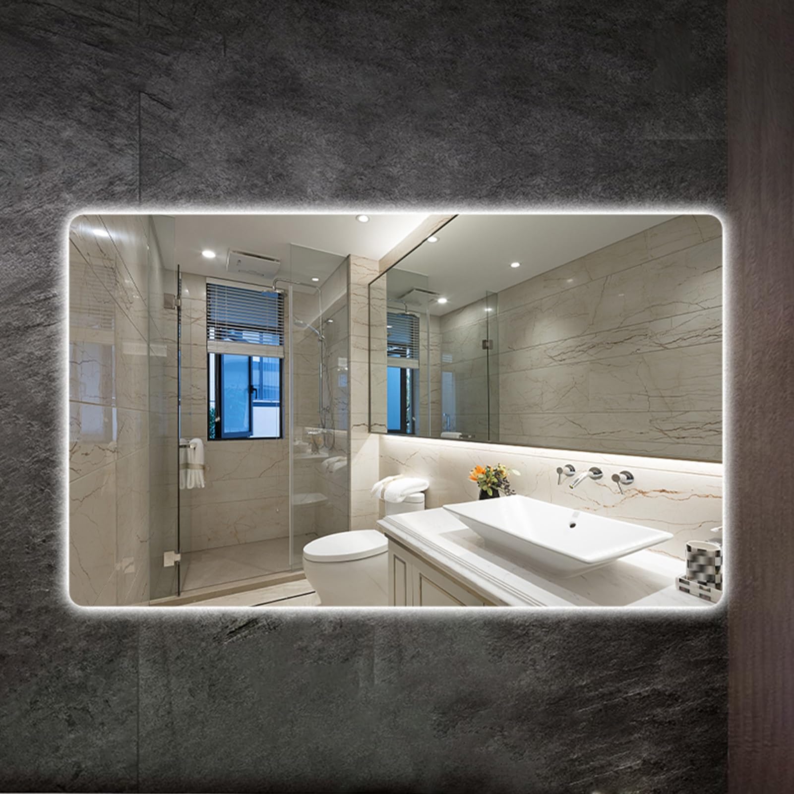 Miroir de salle de bain carré à luminosité réglable et fonction désembuage intégrée