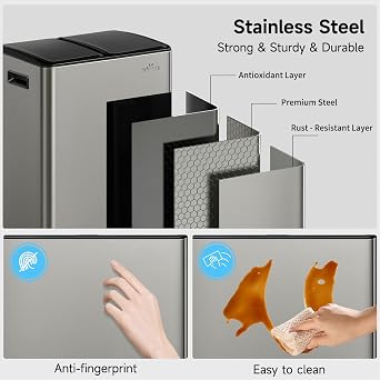 mVm Kitchen Bin,60L Dual Rubbish Bin,2 x 30L Stainless Steel Pedal Bin,Double Recycling Bin with ABS Lids and Plastic Inner Buckets,Soft-Close,Fingerprint Proof,Odour Seal,Large Capacity Trash Can
