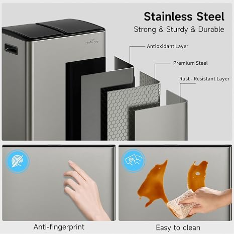 mVm Kitchen Bin,60L Dual Rubbish Bin,2 x 30L Stainless Steel Pedal Bin,Double Recycling Bin with ABS Lids and Plastic Inner Buckets,Soft-Close,Fingerprint Proof,Odour Seal,Large Capacity Trash Can