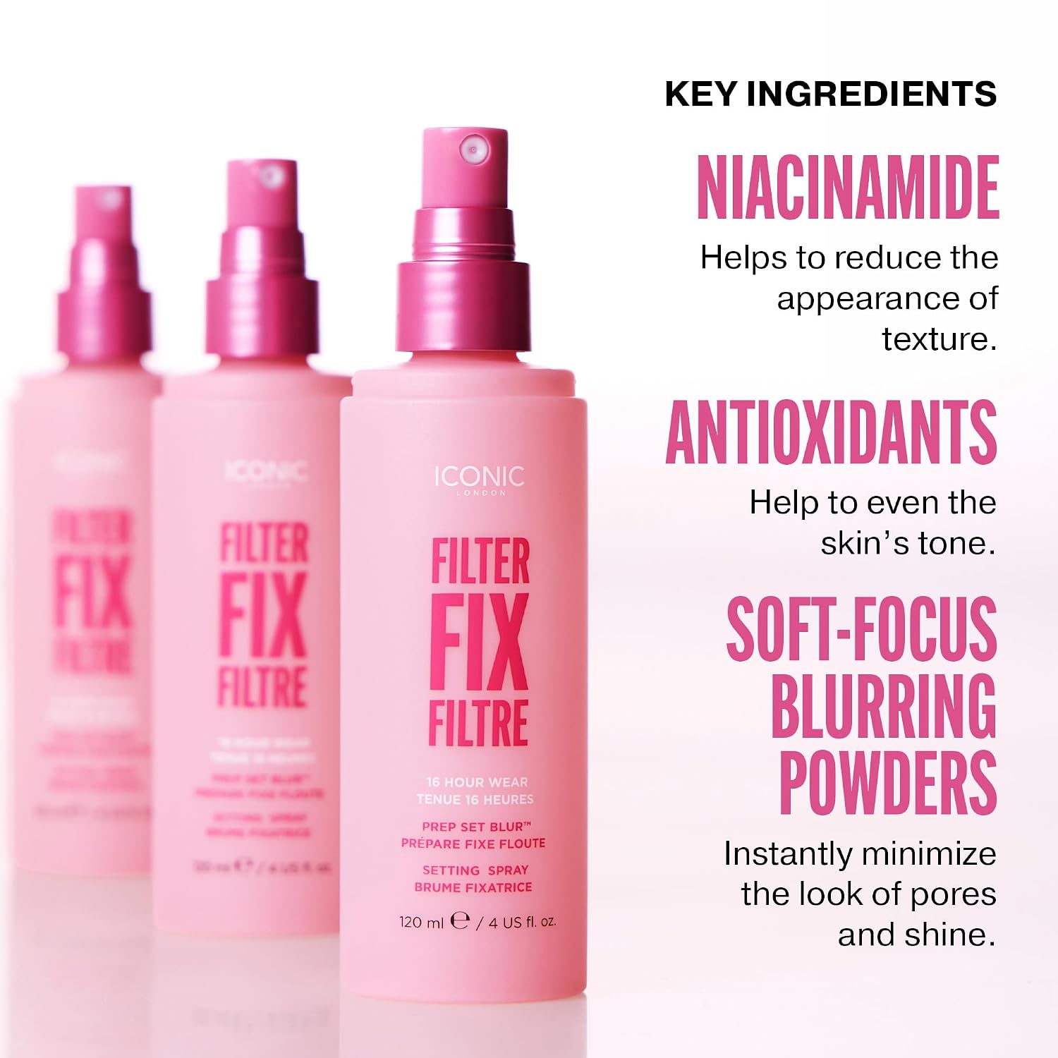 ICONIC LONDON Filter Fix Setting Mist | 16 Hour Wear Setting Spray to Prep, Set, & Blur Makeup for a Seamless Finish | 120 ml / 4 fl oz
