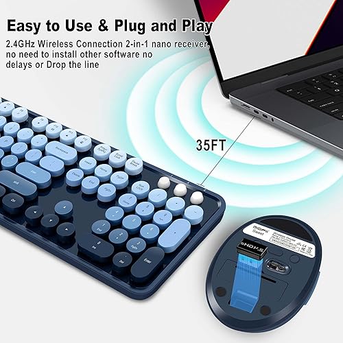 Miniatura 2 de Combo de teclado y mouse inalámbricos, teclas redondas retro, lindo teclado de tamaño completo, conexión sin abandono de 2.4 GHz y mouse óptico para