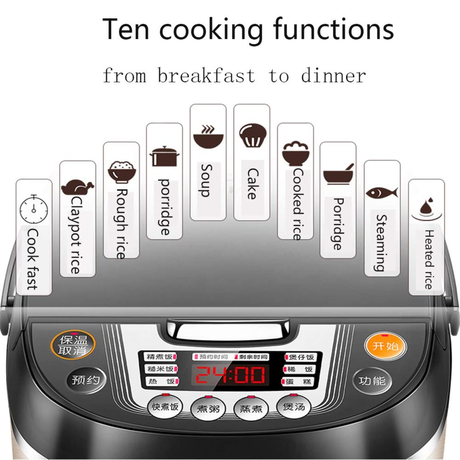 Cuiseur à Riz avec Chauffage par Induction (IH) et Bol en céramique, Programme de Cuisson en 7 étapes, 10 Fonctions multicuiseur, Affichage LED (4L) 220-240V