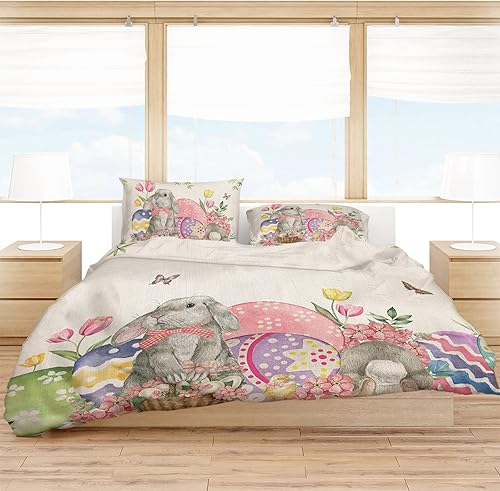 Miniatura 3 de Gehucoxee Juego de ropa de cama de 4 piezas, tamaño Queen, primavera, Pascua, funda de edredón para niños, niñas, niños, conejo, huevos, tulipán,