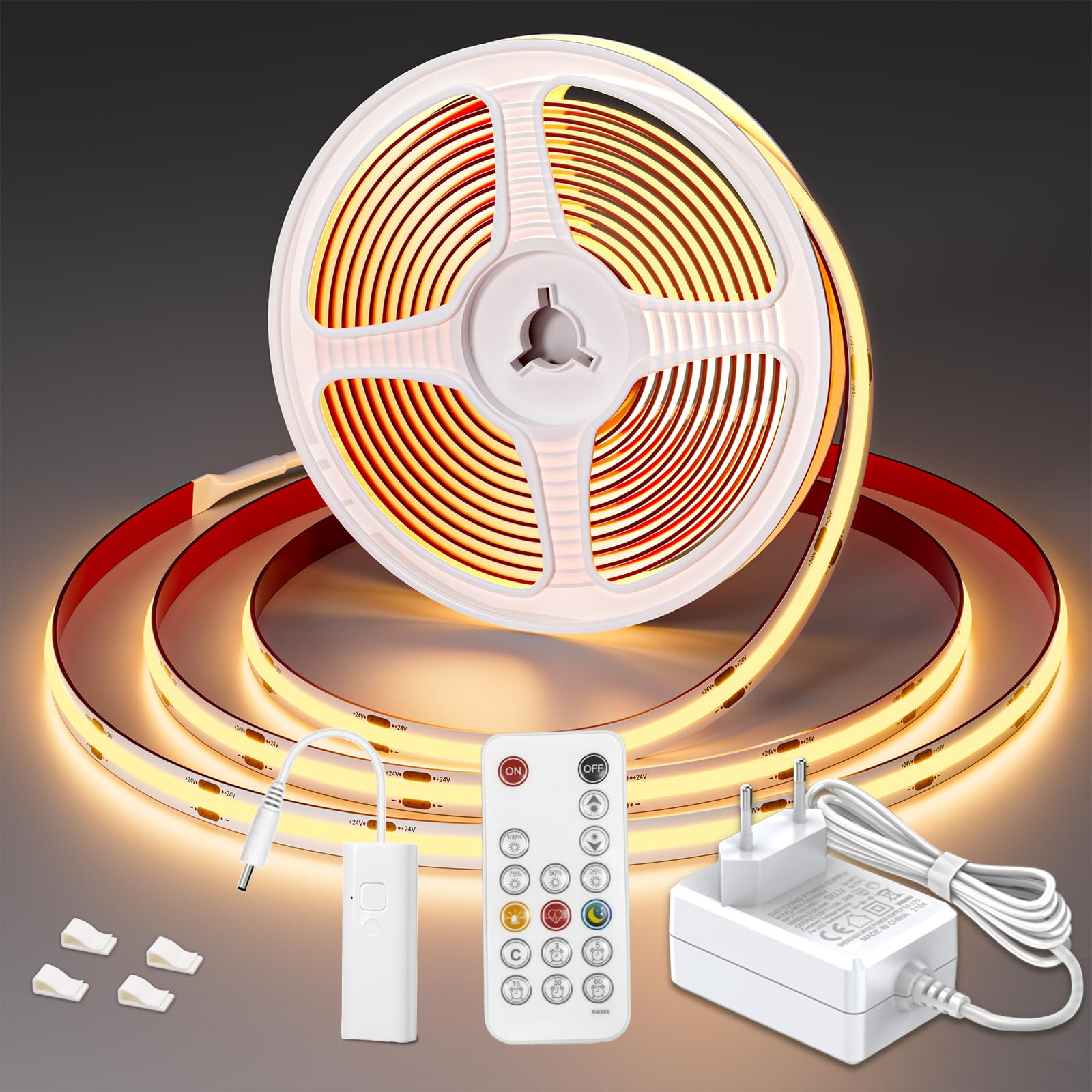 WOBSION Striscia LED Cucina COB 5 Metri Dimmerabile con RF Telecomando,Bianco Caldo Strisce Kit 3000K per Festa,la Casa,Bar,Camera e Armadio,24V GS Alimentatore Luminoso Luci da 320LEDs/M,CRI90+