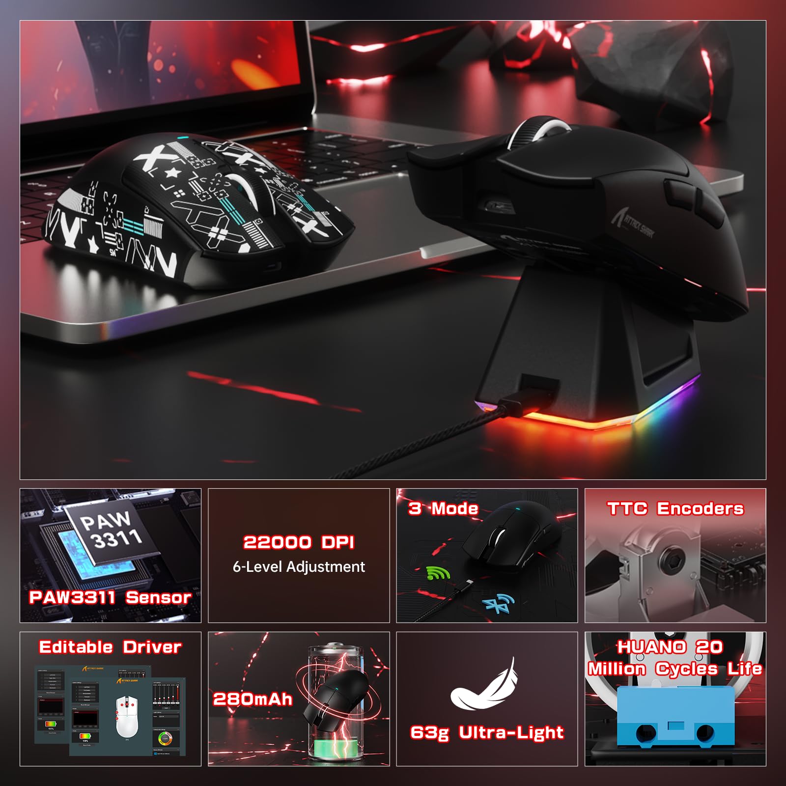 MAMBASNAKE × Attack Shark Teclado y ratón inalámbricos con interruptores magnéticos, Teclado de Disparo rápido de 8 kHz, ratón Gaming trimodo de 59g para pc/Mac(Negro)