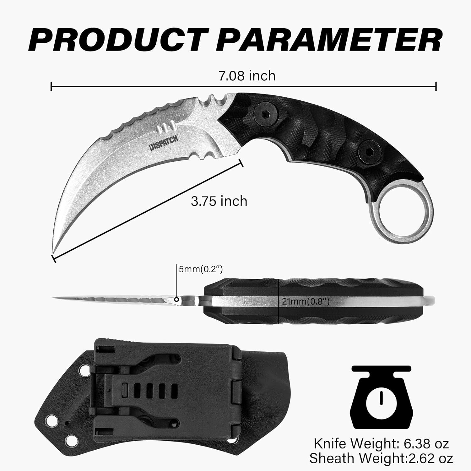 Dispatch Tactical Fixed Blade Knife, 5cr15mov Steel Blade G10 Handle, Full Tang Double Edged Sharp Claw Knife, EDC Utility Knives for Outdoor Survival Hiking Camping with Kydex Sheath - Image 7