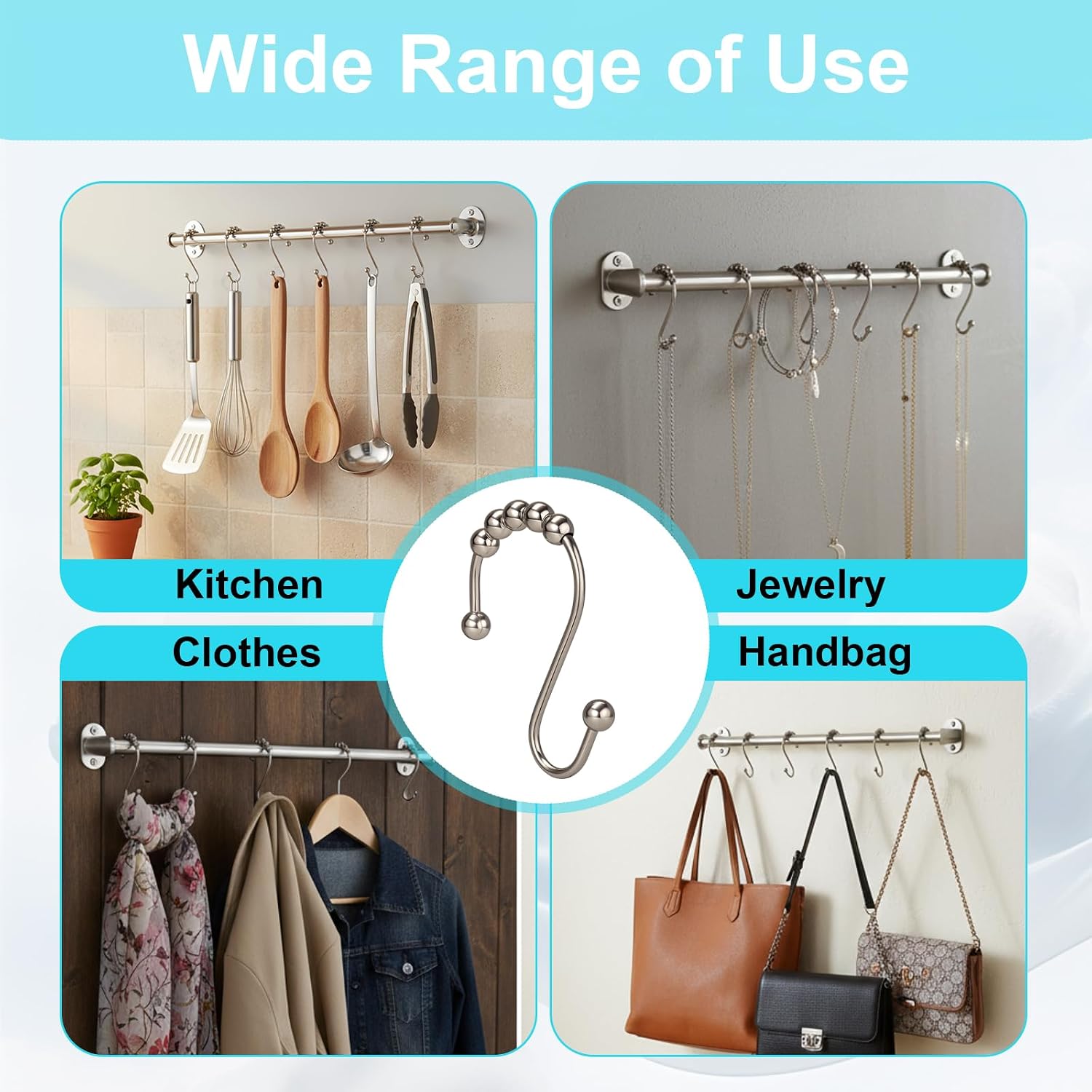 Silkfly Stainless Steel Shower Curtain Hooks, Set of 12 Rings, Rust Resistant Glide Hooks, Bathroom S Shaped Hook Hanger for Kitchen, Shower Curtain & Liners, Clothes(Silver)