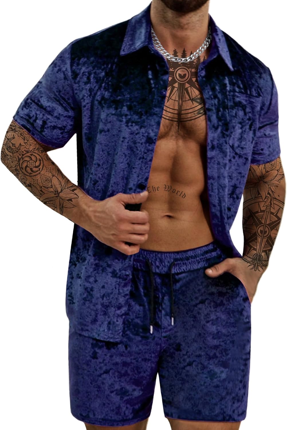 Mens Tracksuit Diamond Velvet Shirts and Shorts Set Fashion Casual 2 Piece Outfits for Men