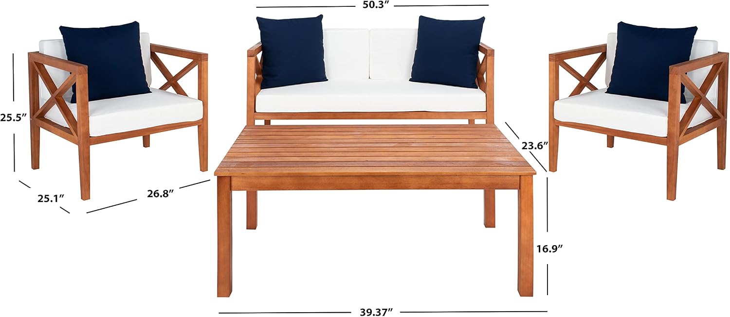 Safavieh PAT7031A Collection Nunzio Teak and White and Navy 4 Pc Accent Pillows Outdoor Set