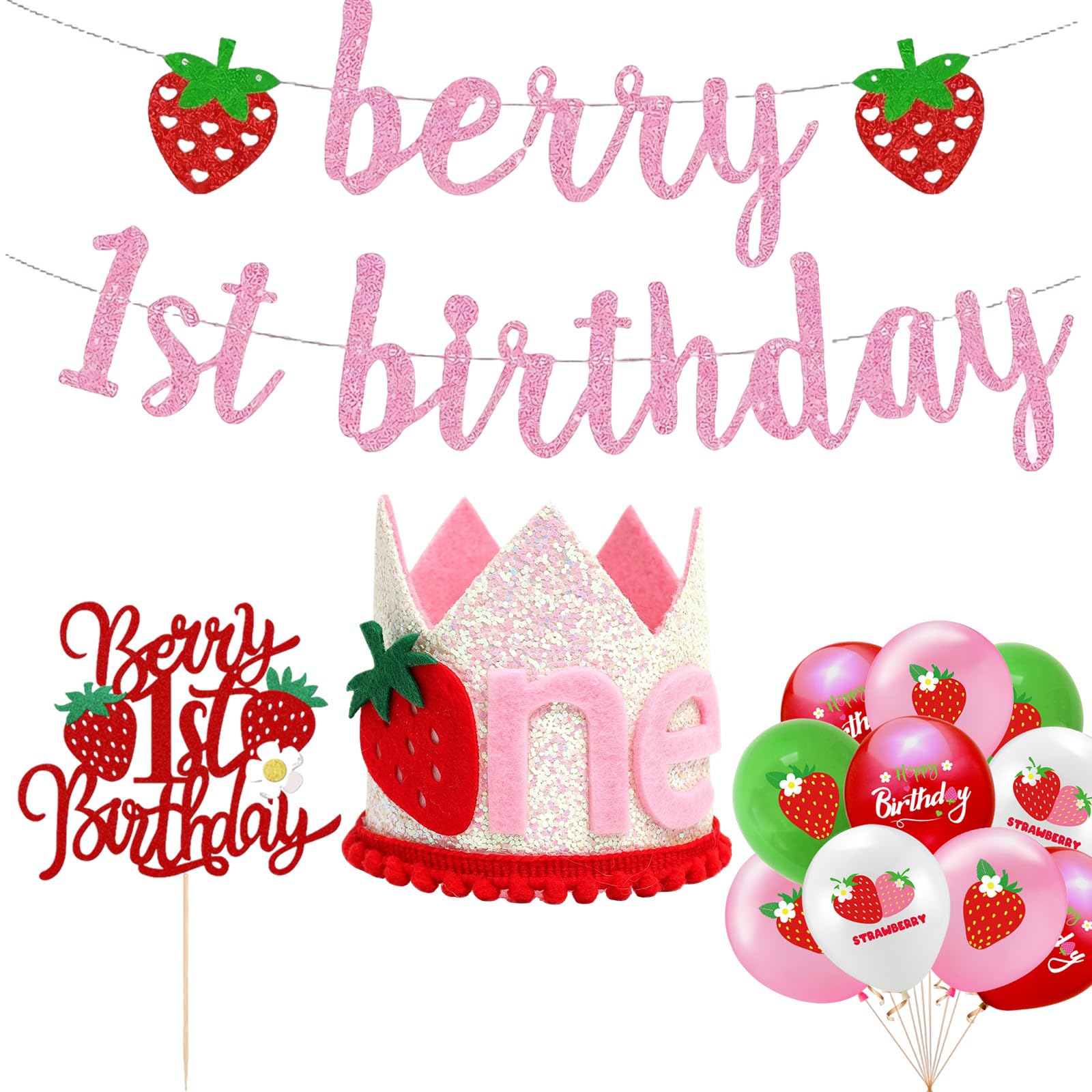 4-in-1 Berry First Birthday Decorations, Strawberry 1st Birthday Party Supplies Set for Girls and Boys with Banner, Hat, Cake Topper and Party Balloons