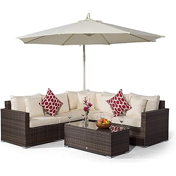 Giardino Havana 5 Seat Brown Rattan Corner Sofa Set Large Coffee Table Parasol