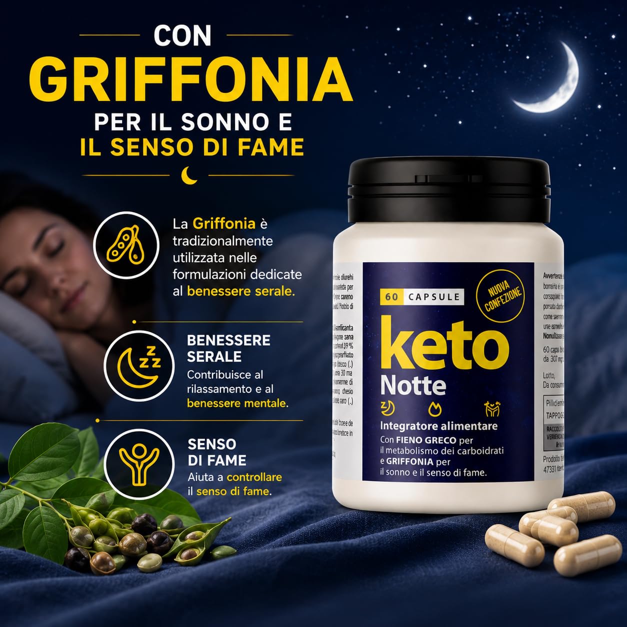 Keto Notte Integratore Alimentare Notturno 120 Capsule da 500mg | Supporto Dieta e Benessere Notturno, Con Griffonia, Con Matè, Con Trifoglio Rosso